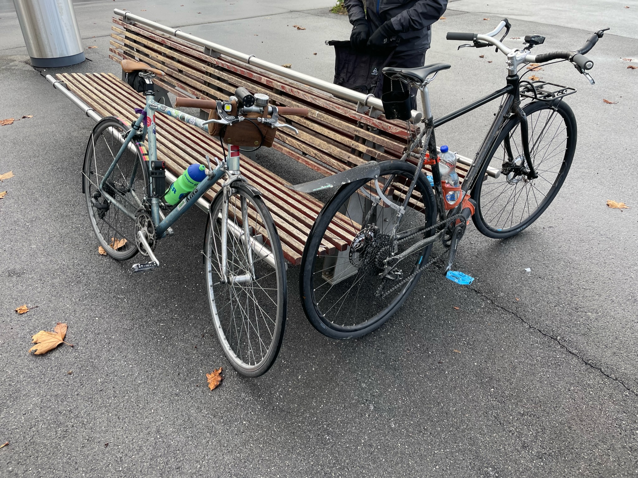 Our bikes leaning against a bench, ready to go.