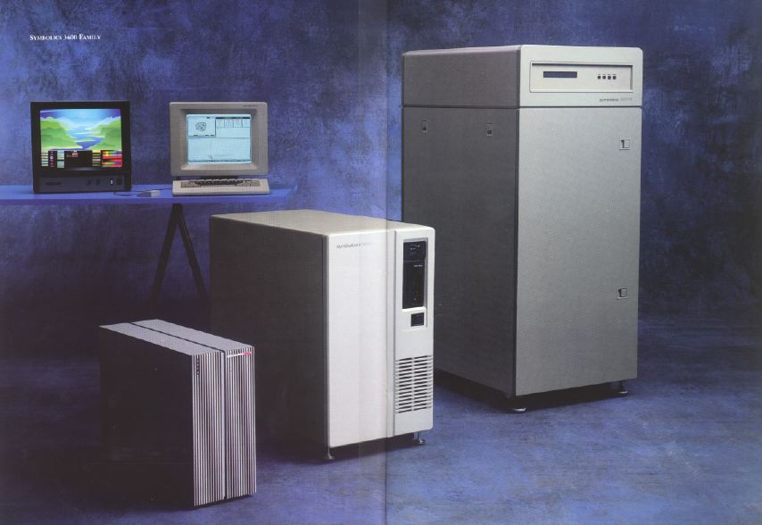 A promotional image with three Symbolics machines and two monitors on a desk.