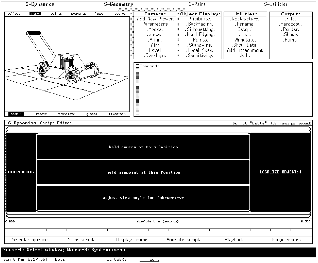 A screenshot of the graphical user interface of a 3D modeling program on a Lisp machine.